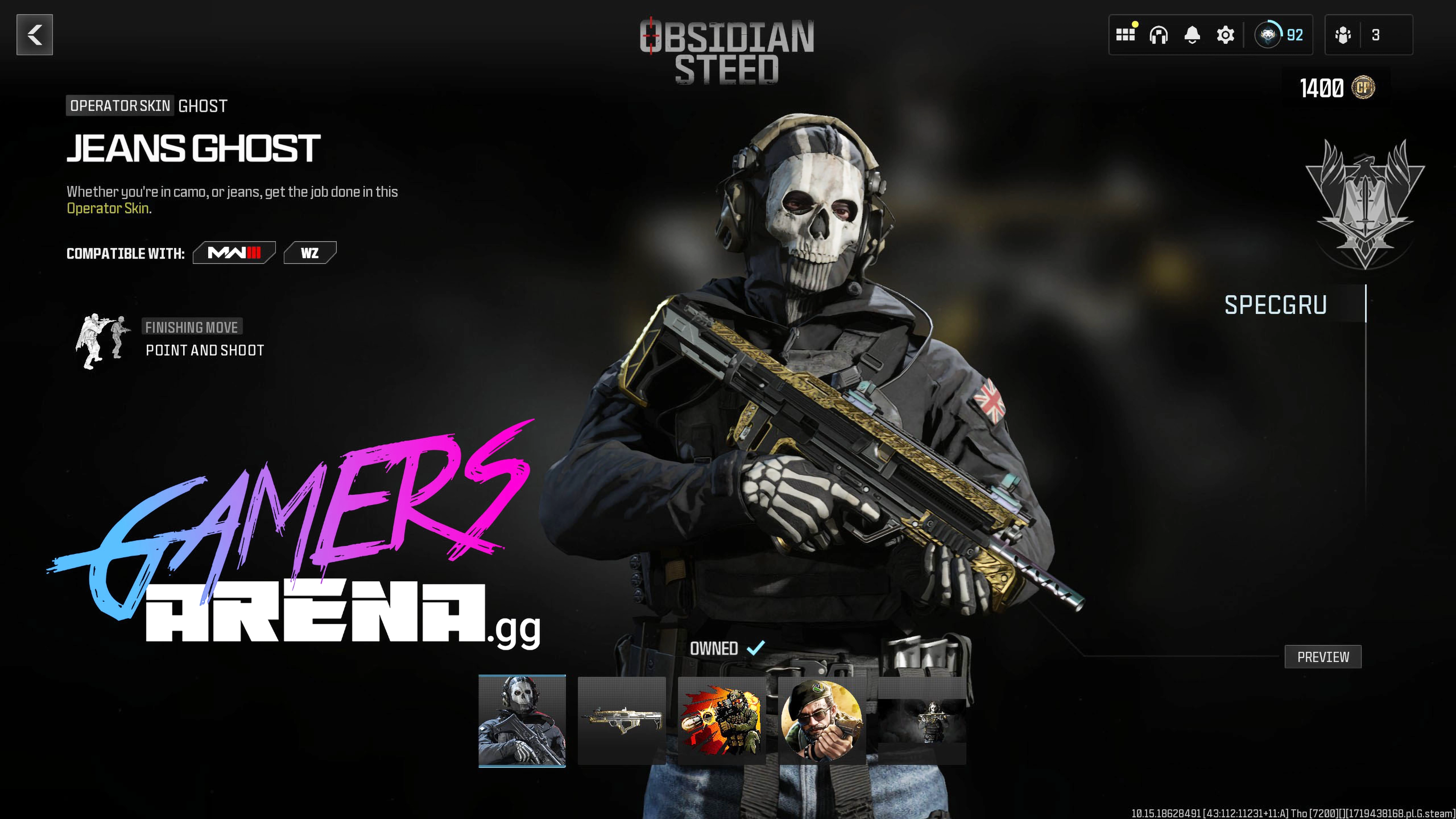 OBSIDIAN STEED Ghost Operator Skin Hard Unlocked PS XBOX PC - Ultra Rare